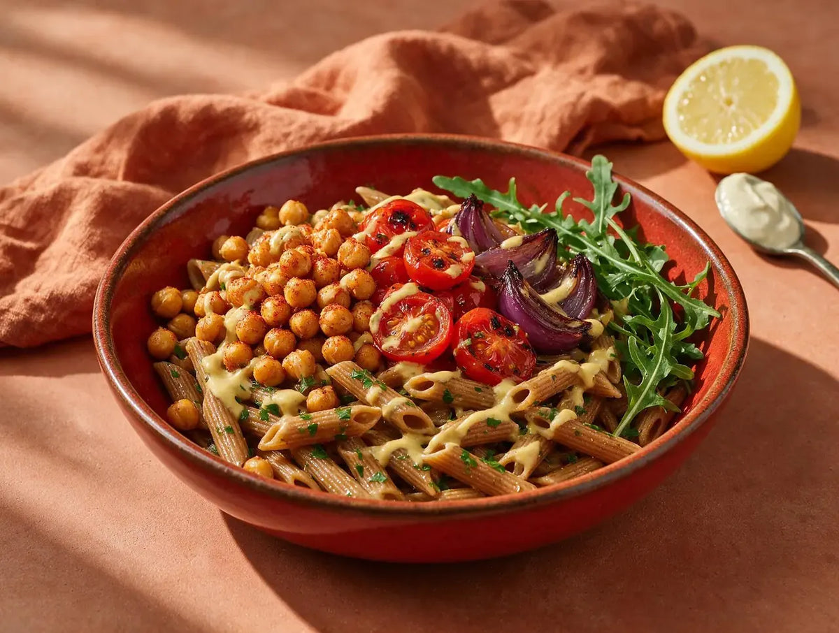 Bowl of chana penne with roasted paprika chickpeas, blistered tomatoes and tahini drizzle