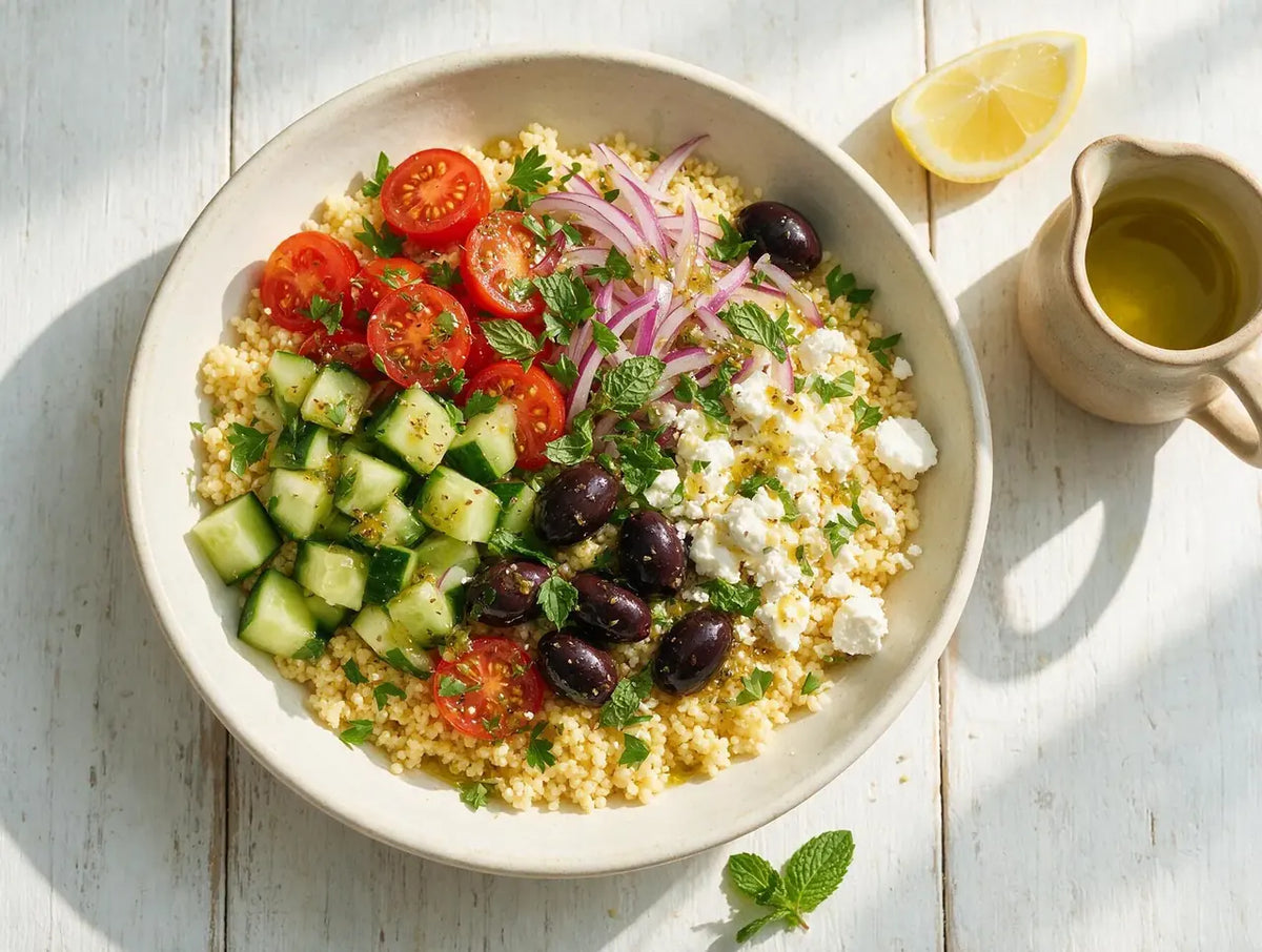 Millet grain bowl with cherry tomatoes, cucumber, olives, feta and herbs in sections