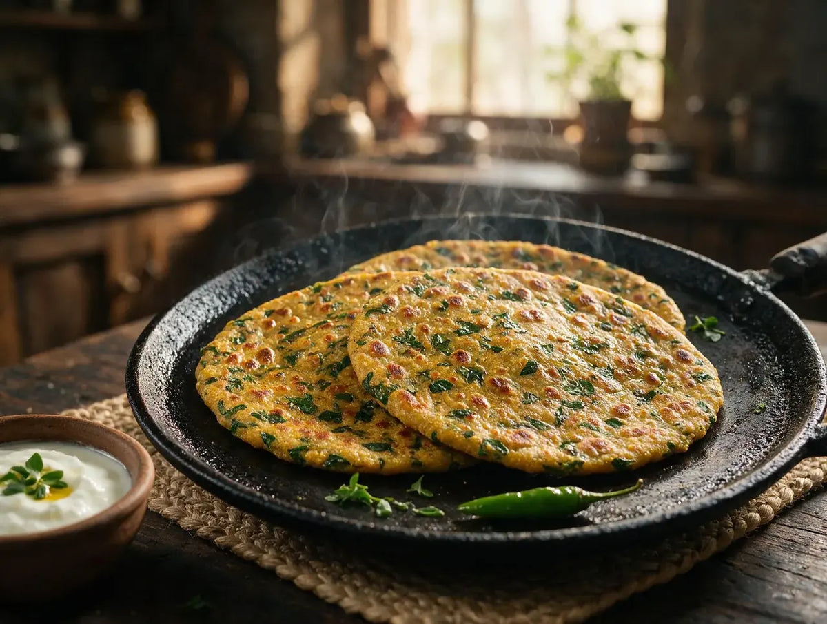 Green-flecked methi millet parathas cooked golden in mustard oil on a tawa
