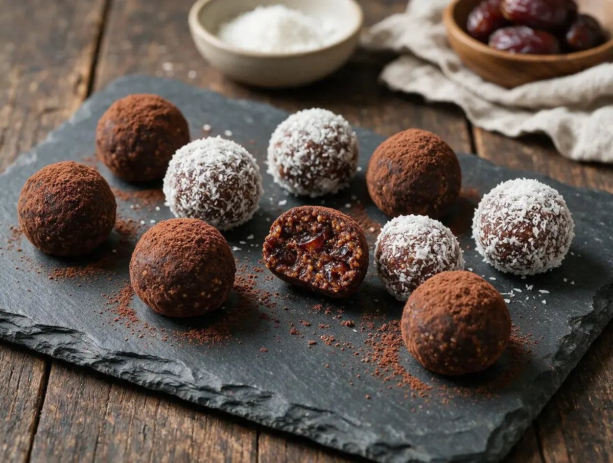 Cocoa and coconut coated millet date truffles arranged on a slate with cocoa dusting