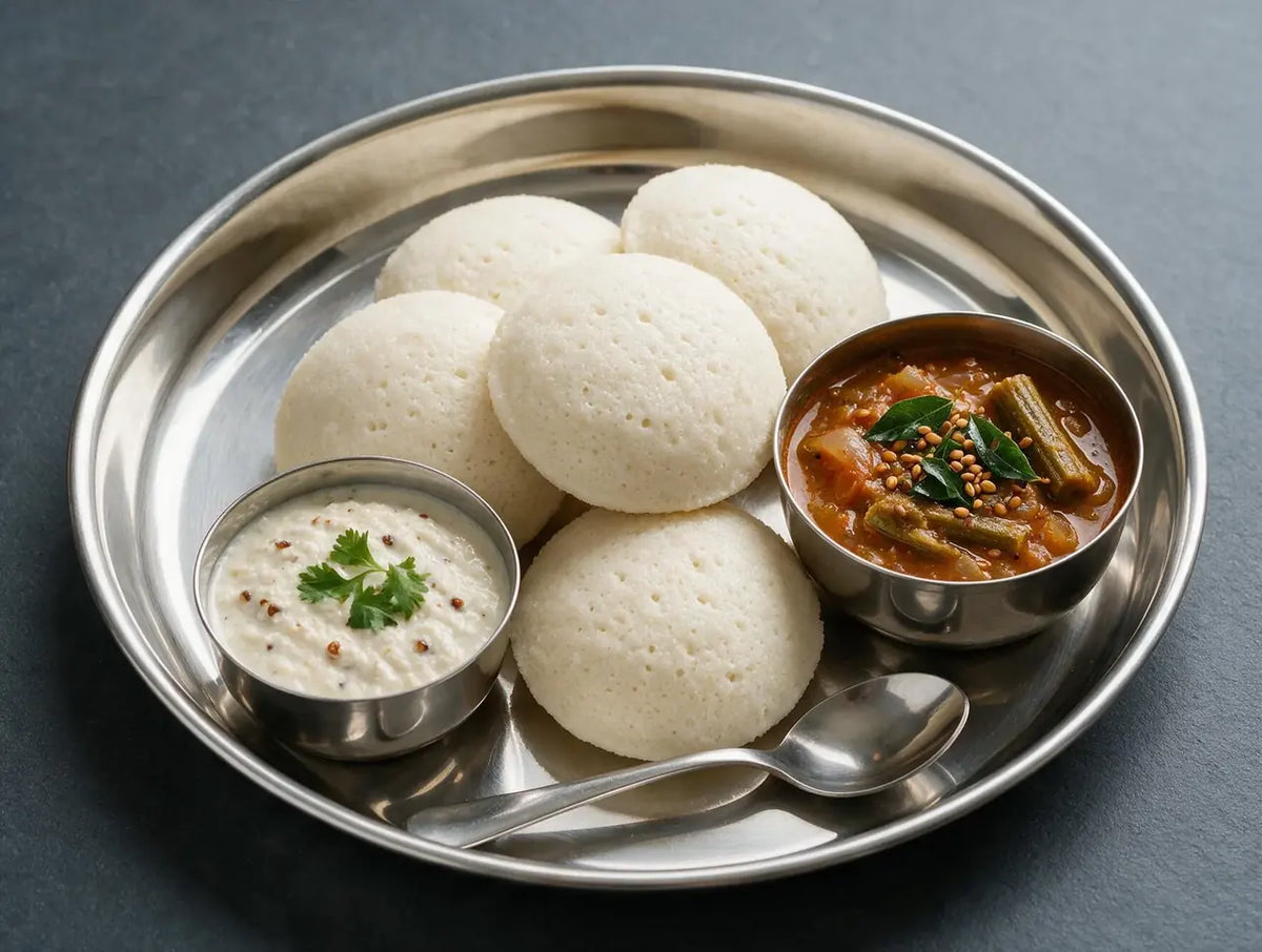 Pale millet idlis in a steel plate beside sambar and coconut chutney