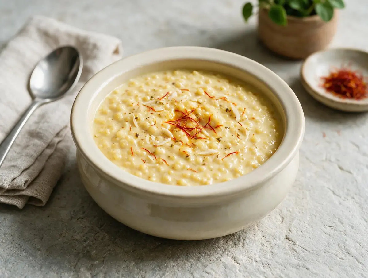 Creamy millet kheer in a ceramic bowl topped with saffron strands and slivered almonds