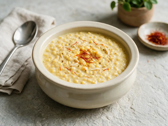 Creamy millet kheer in a ceramic bowl topped with saffron strands and slivered almonds
