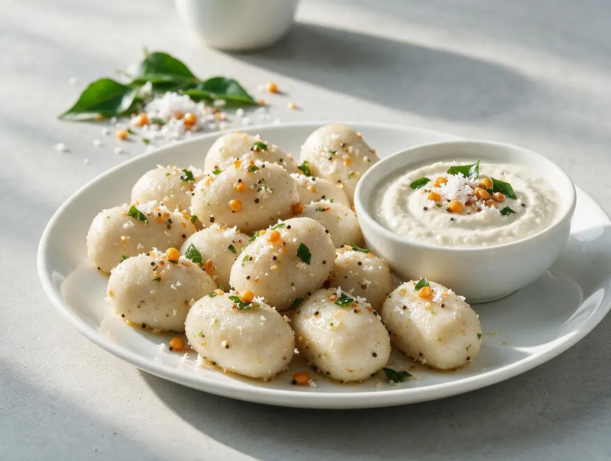 Pale savoury millet kozhukattai dumplings with mustard tempering and coconut chutney