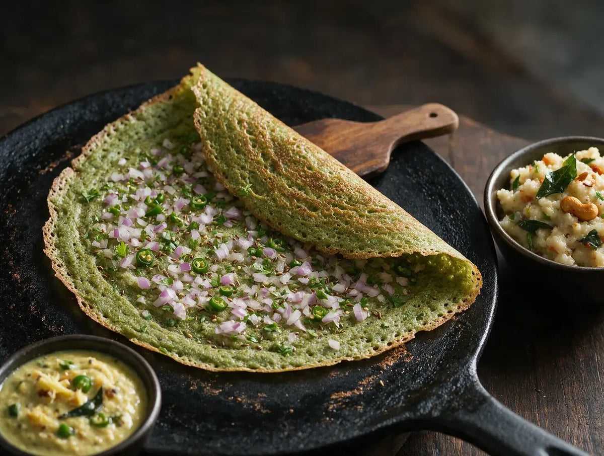 Green millet pesarattu crepe topped with raw onion and coriander, folded on a tawa