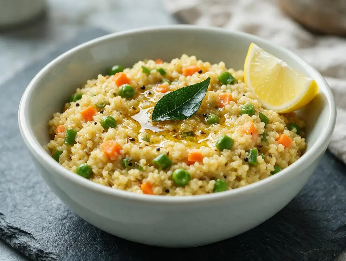 Bowl of soft millet rava khichdi with carrot and peas, ghee pooling on top
