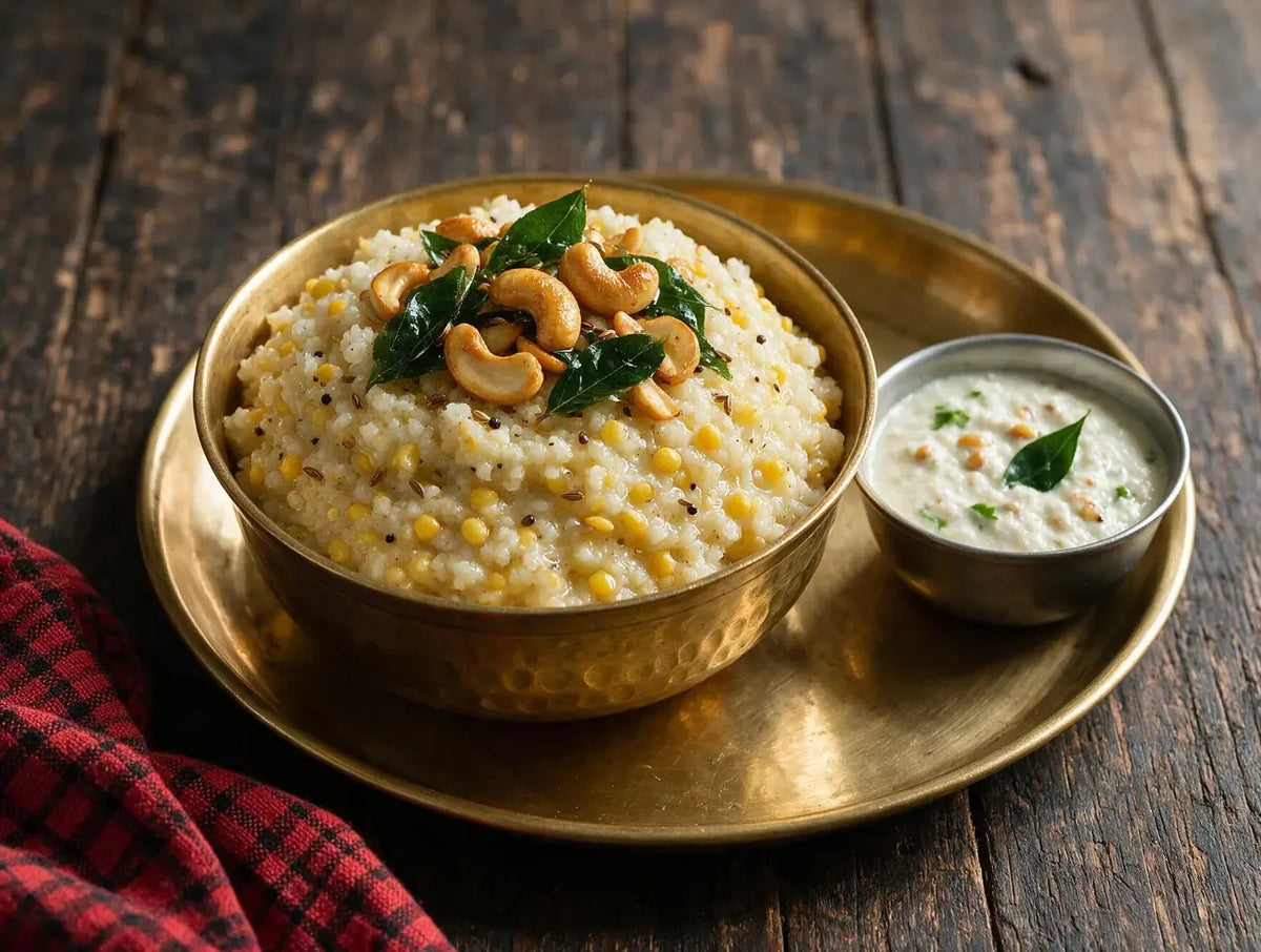 Creamy millet rava ven pongal in a brass bowl topped with ghee-fried cashews and crushed pepper