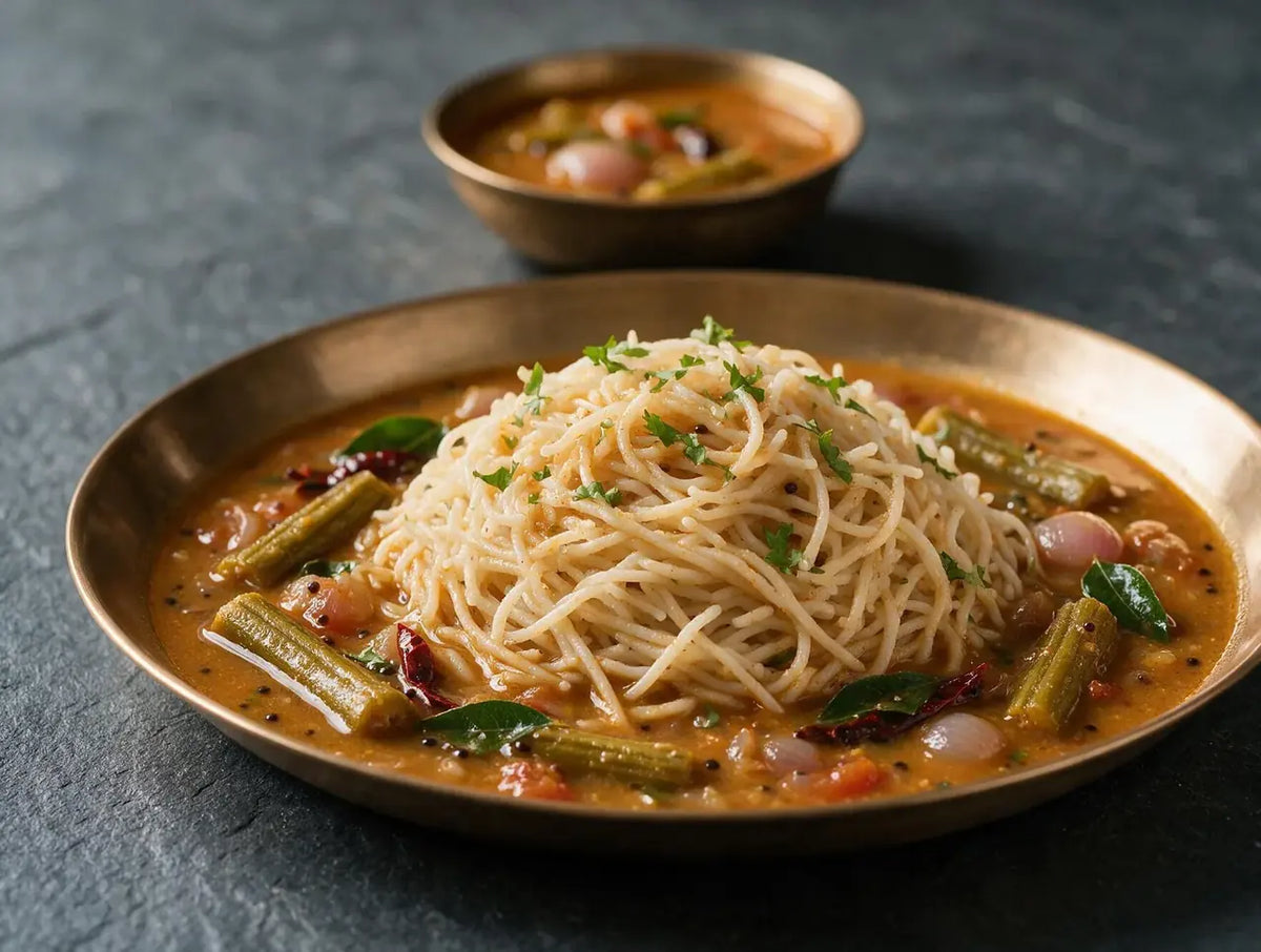 Little millet sevai mounded in a shallow bowl surrounded by drumstick and shallot sambar