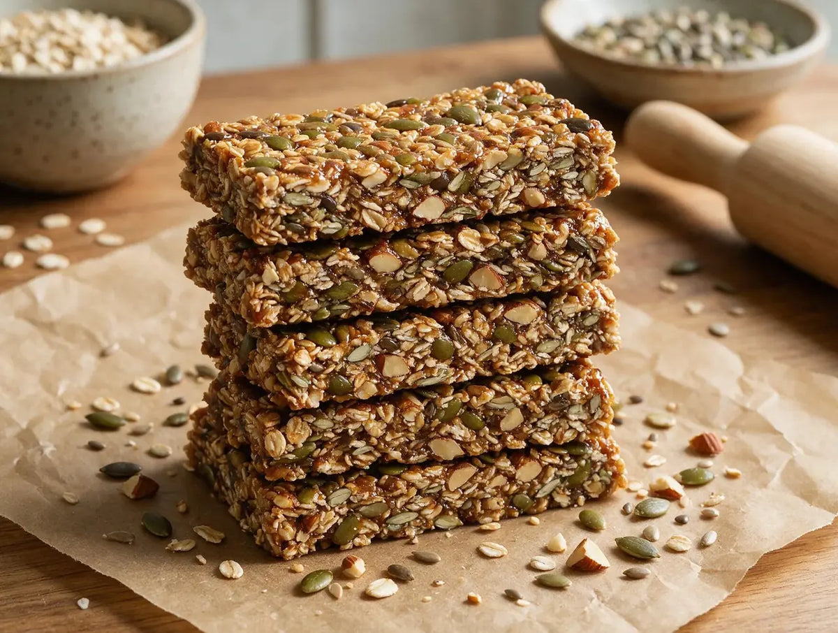 Stacked millet granola bars showing seeds and nuts in cross-section on parchment