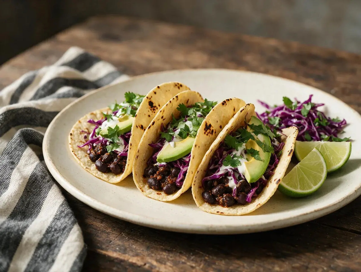 Three millet tortilla tacos with black beans, red cabbage slaw, avocado and lime crema