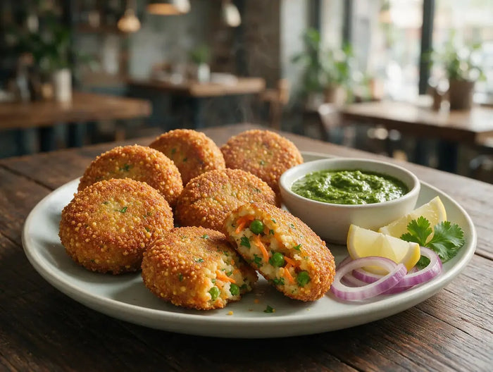 Golden crisp millet vegetable cutlets on a plate with green chutney and lemon wedges