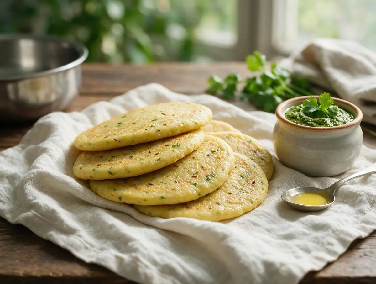 Small golden moong dal and millet pancakes stacked with green chutney on linen