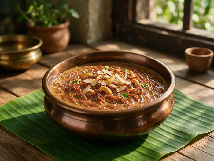 Deep russet Navara rice kheer in a bronze bowl with fried coconut slivers and cashews