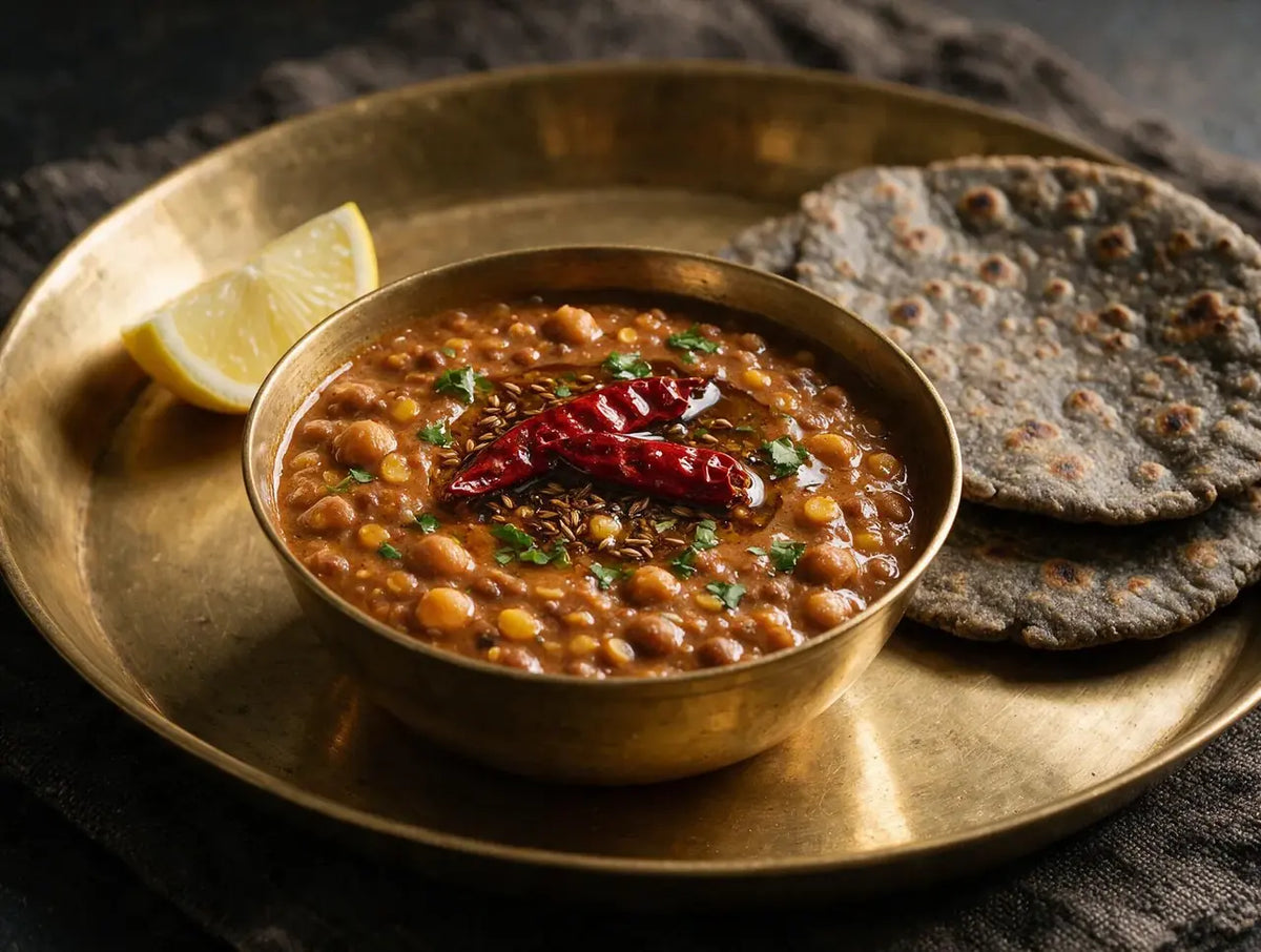 Bowl of thick five-lentil panchmel dal with chilli tempering and bajra rotis