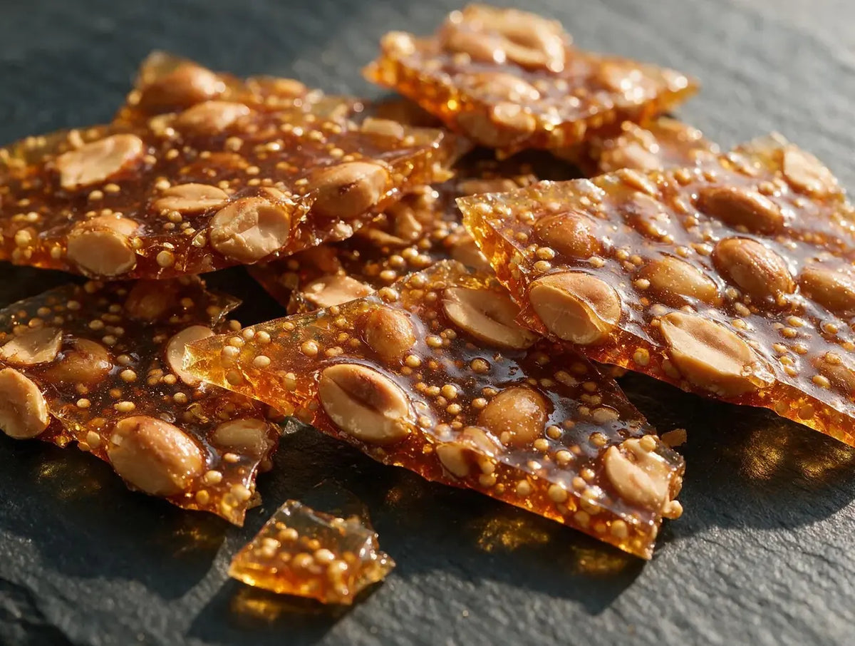 Shards of peanut millet chikki showing glassy jaggery and split peanuts in cross-section