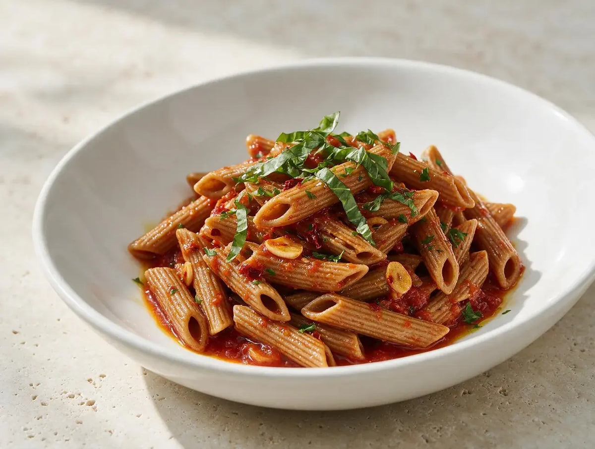 Brown chana penne coated in glossy red arrabbiata sauce with torn basil on a white plate