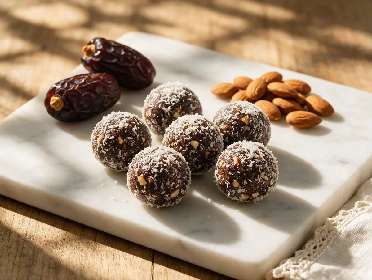 Coconut-rolled ragi almond date bites on a marble slab with whole dates alongside