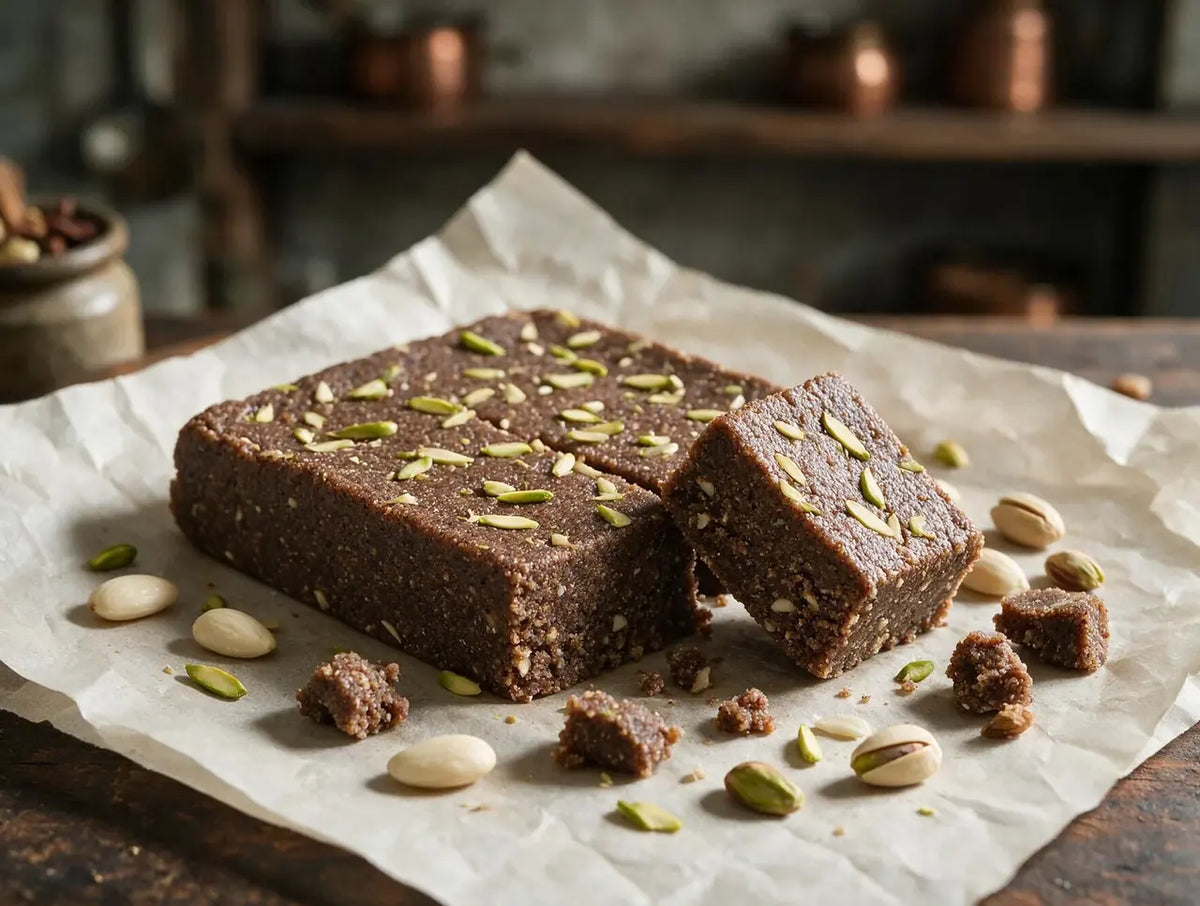 Squares of dark ragi almond fudge on parchment, one cut to show the dense crumb