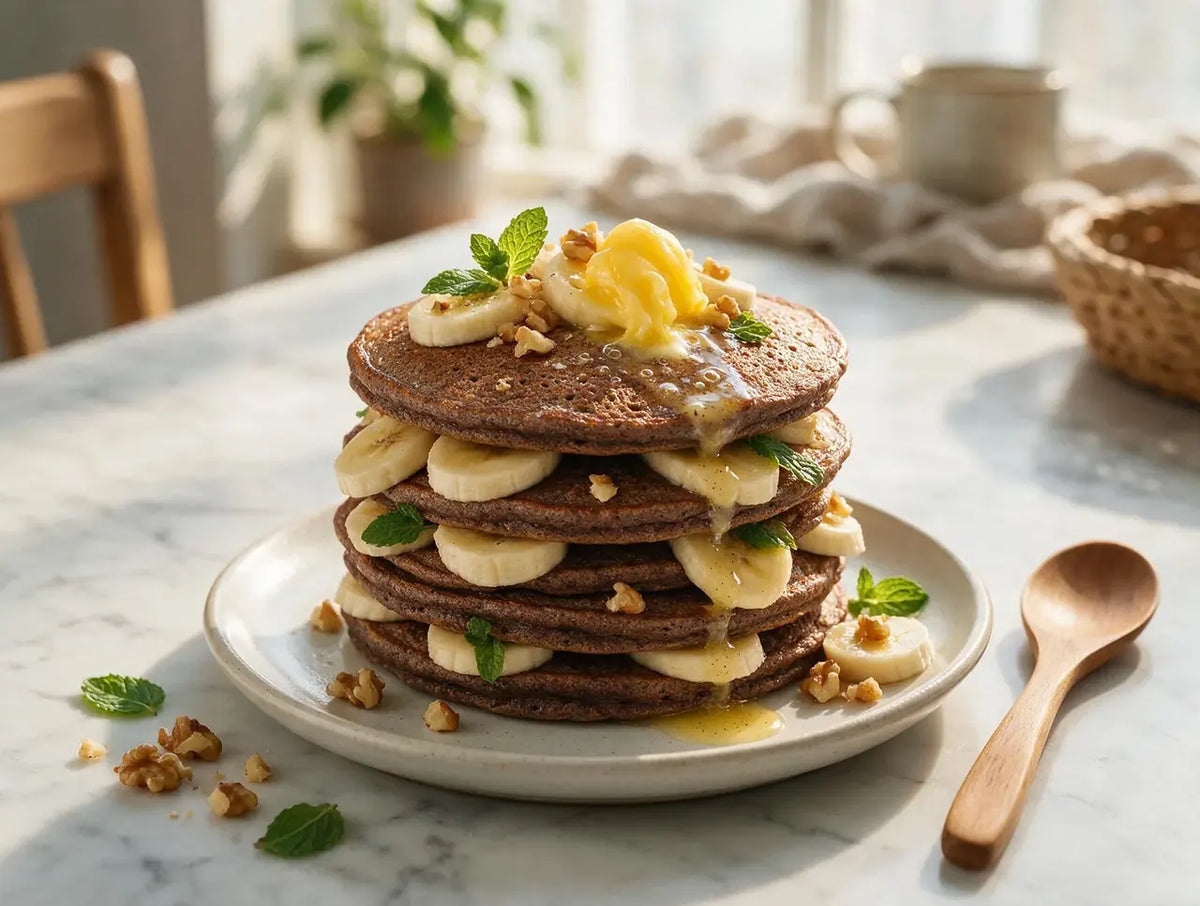 Stack of dark ragi banana pancakes with walnuts and banana slices on marble