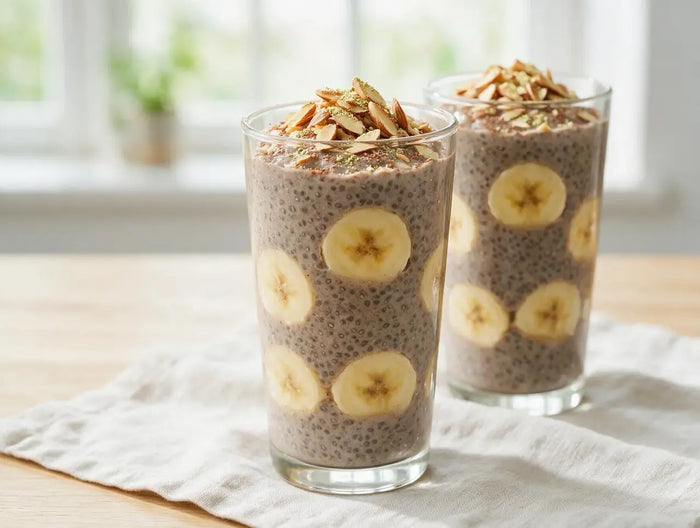 Layered ragi chia pudding in a glass with banana slices and toasted slivered almonds