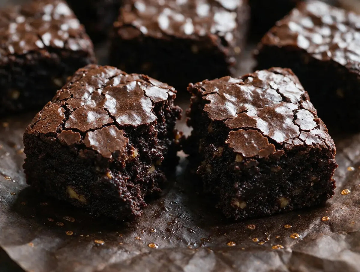 Fudgy ragi brownie squares torn open to show a dense dark interior and crackled top