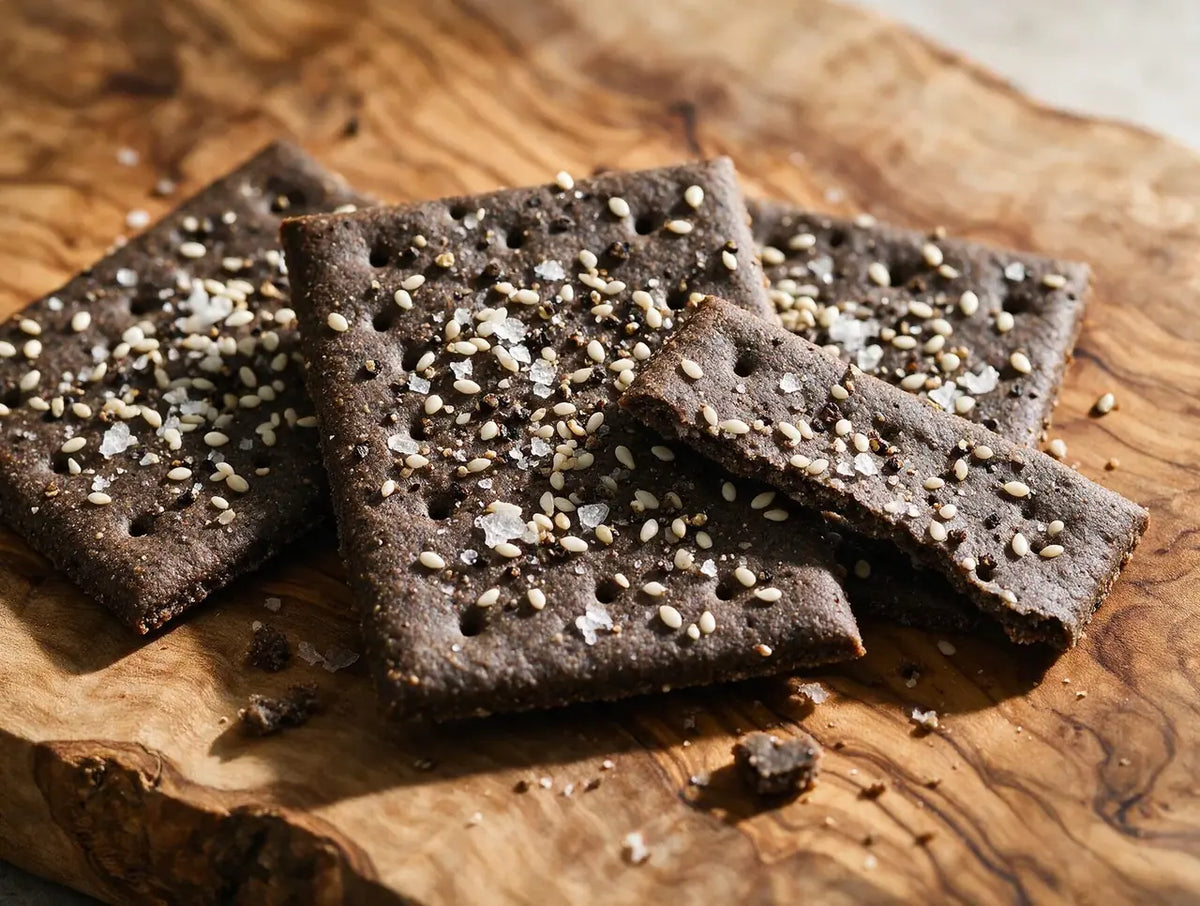 Close crop of thin dark ragi crackers with sesame seeds and flaky salt on a board