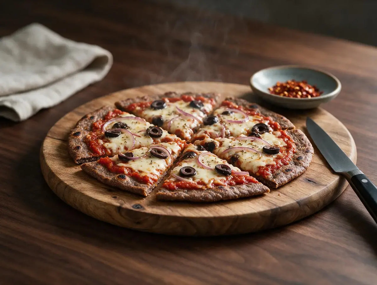 Dark ragi flatbread pizza with melted cheese, black olives and red onion on a griddle