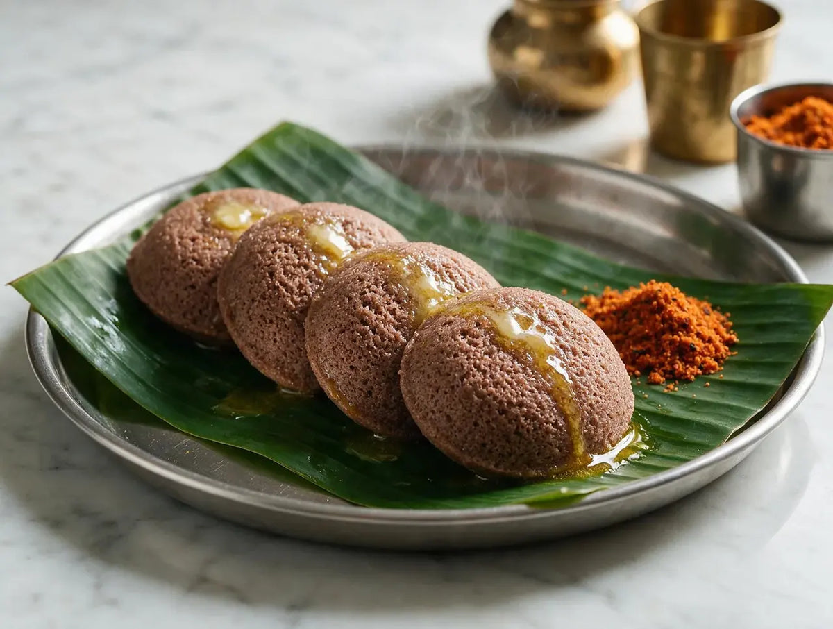 Stack of dark brown ragi idlis with ghee and molagapodi on a banana leaf