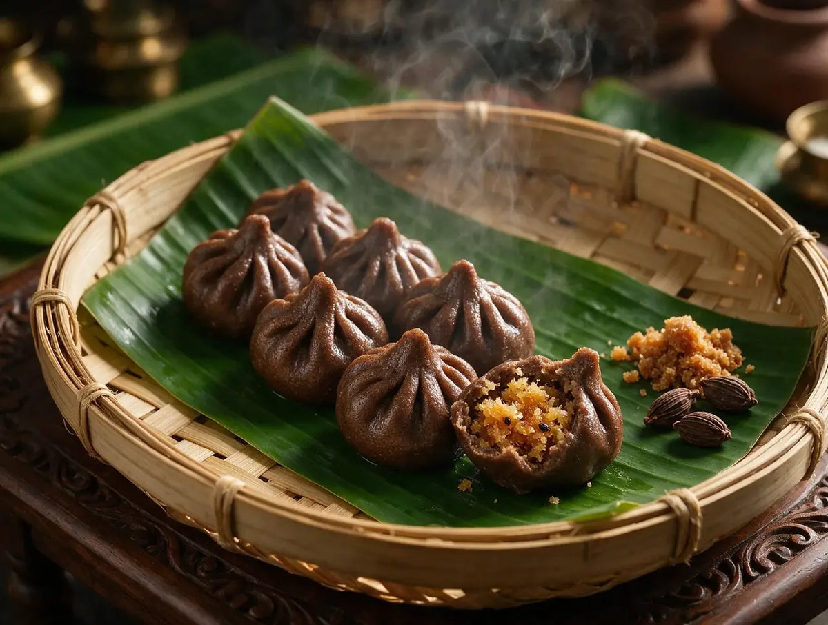 Dark steamed ragi kozhukattai dumplings with coconut jaggery filling on a banana leaf