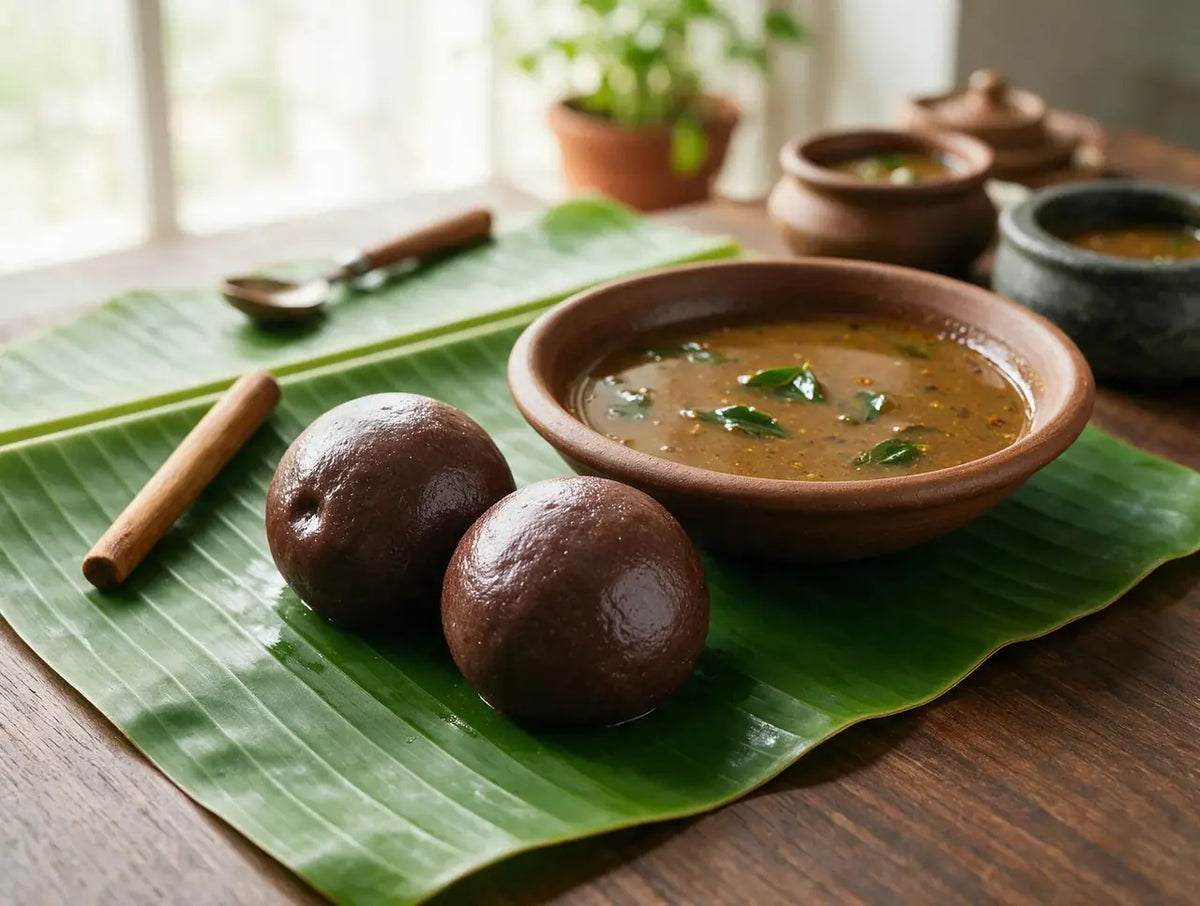 Two smooth dark ragi mudde balls on a plate beside a bowl of thin saaru
