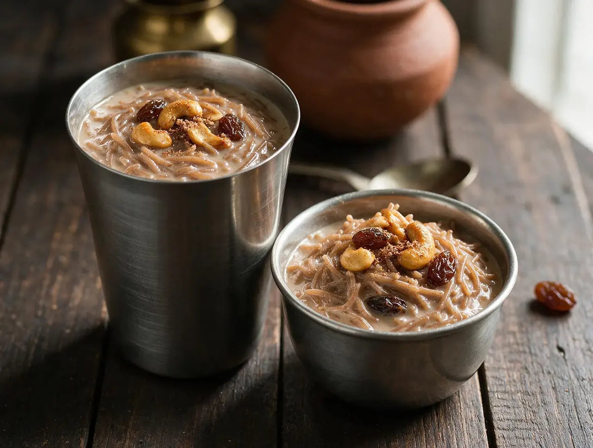 Ragi vermicelli payasam in a steel tumbler topped with ghee-fried cashews and raisins