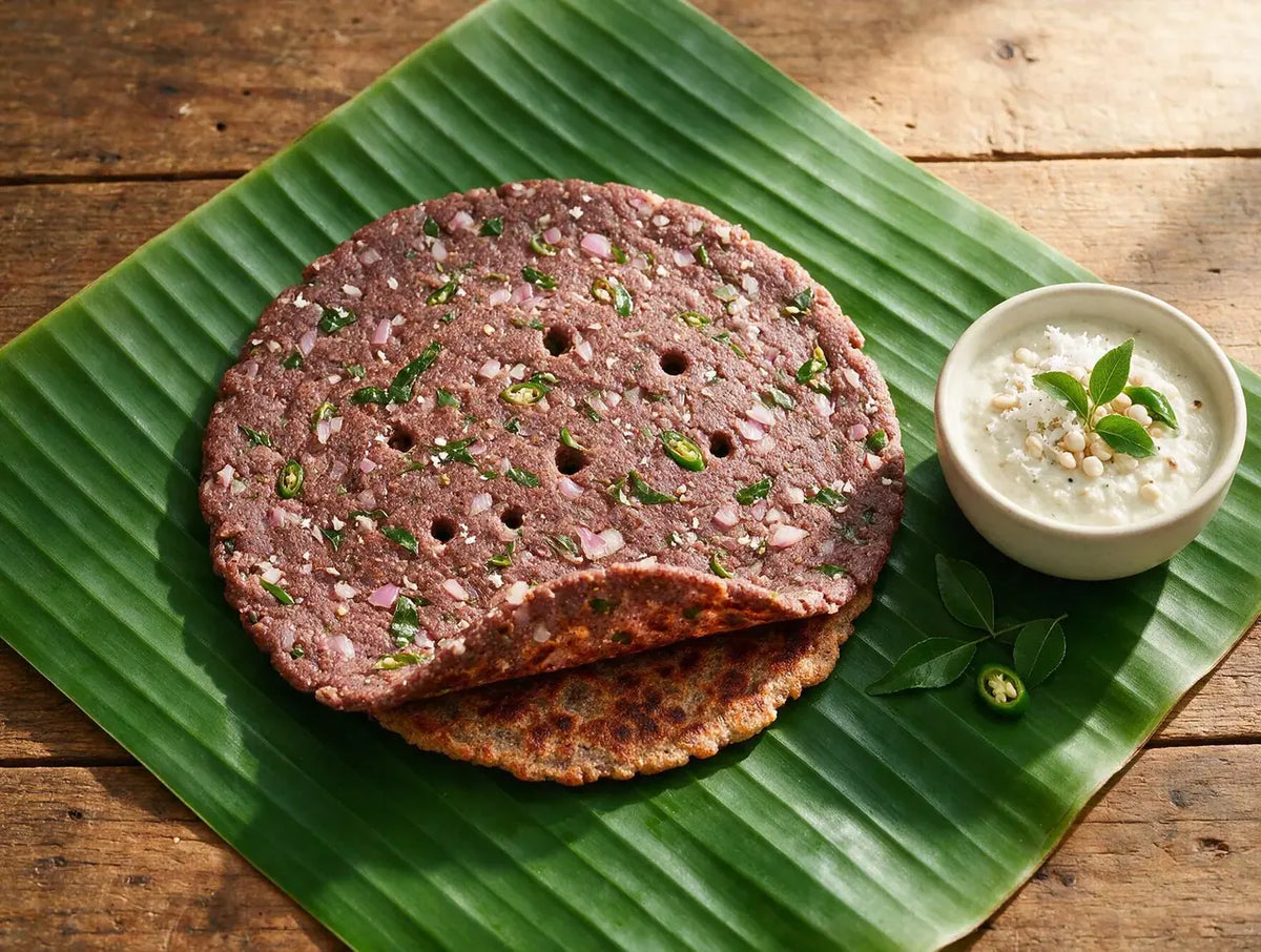 Dark ragi roti flecked with onion and curry leaf, coconut chutney alongside