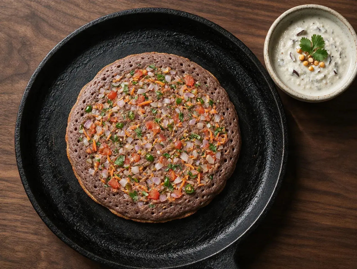 Thick ragi uttapam topped with onion, tomato and coriander on a cast iron tawa