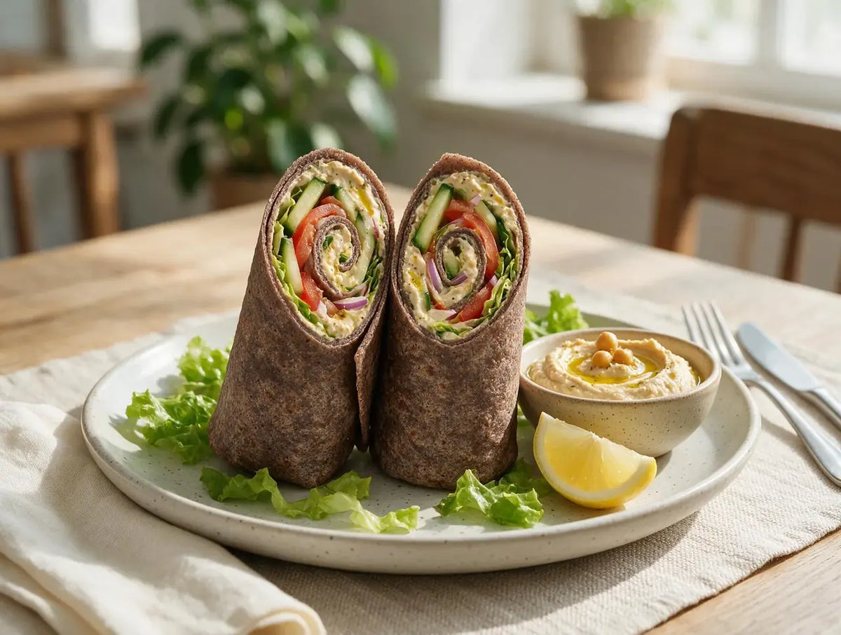 Dark ragi wrap rolled around hummus, cucumber, tomato and lettuce, cut on the diagonal