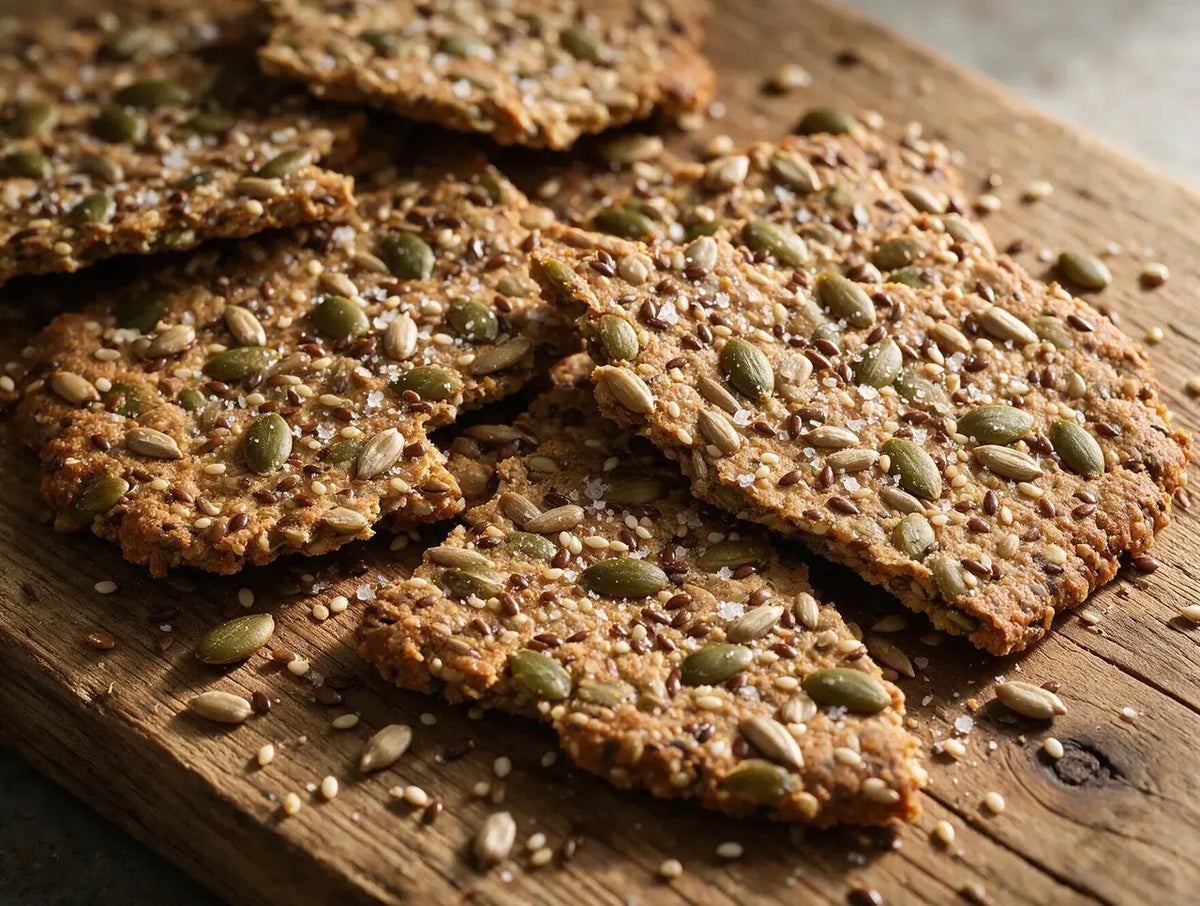 Craggy seeded millet cracker shards on a wooden board with scattered pumpkin seeds