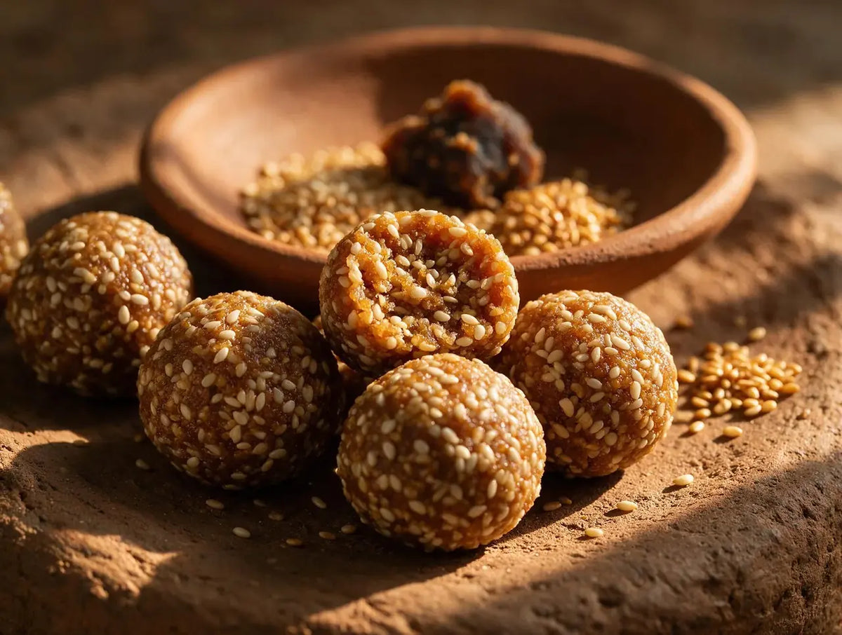Sesame jaggery millet ladoo in a shallow bowl with loose toasted sesame seeds around them
