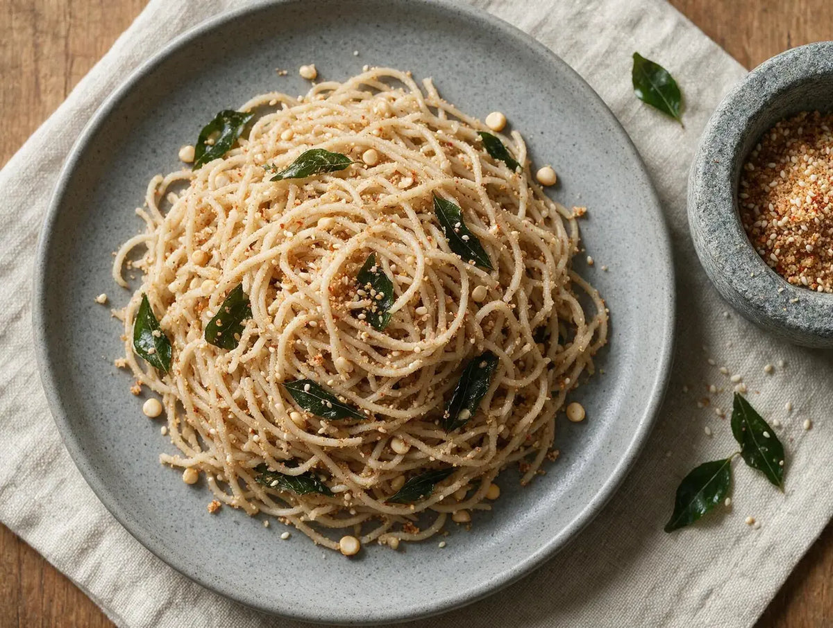Pale jowar sevai coated in coarse toasted sesame powder with curry leaves on a stone plate