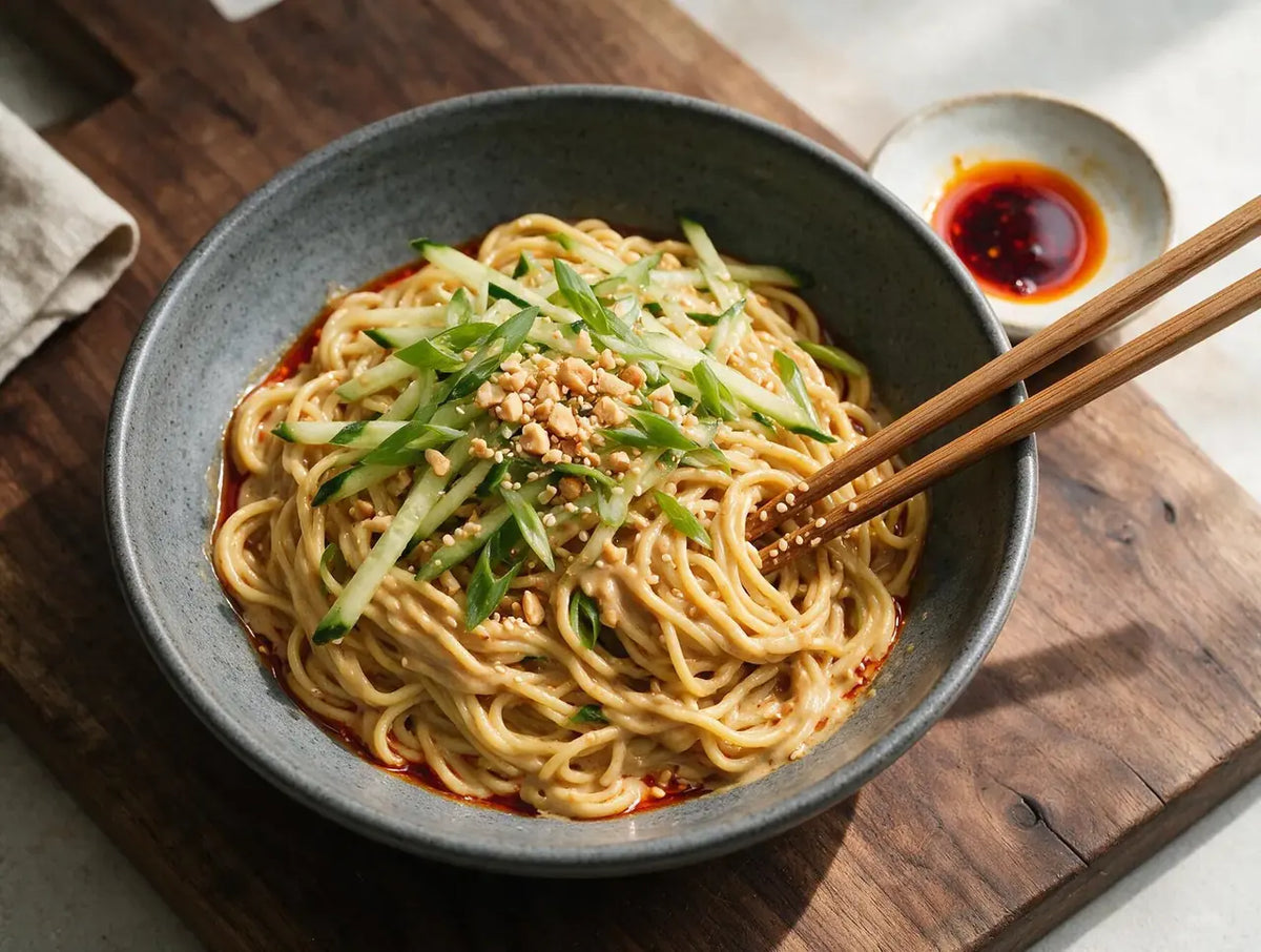 Cold sesame peanut noodles topped with cucumber batons, spring onion and crushed peanuts
