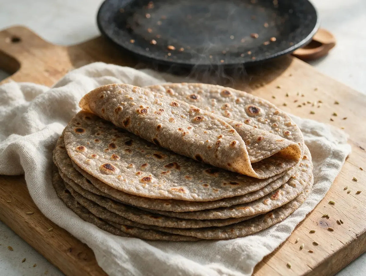 Stack of thin freckled bajra tortillas on a wooden board with a cloth alongside