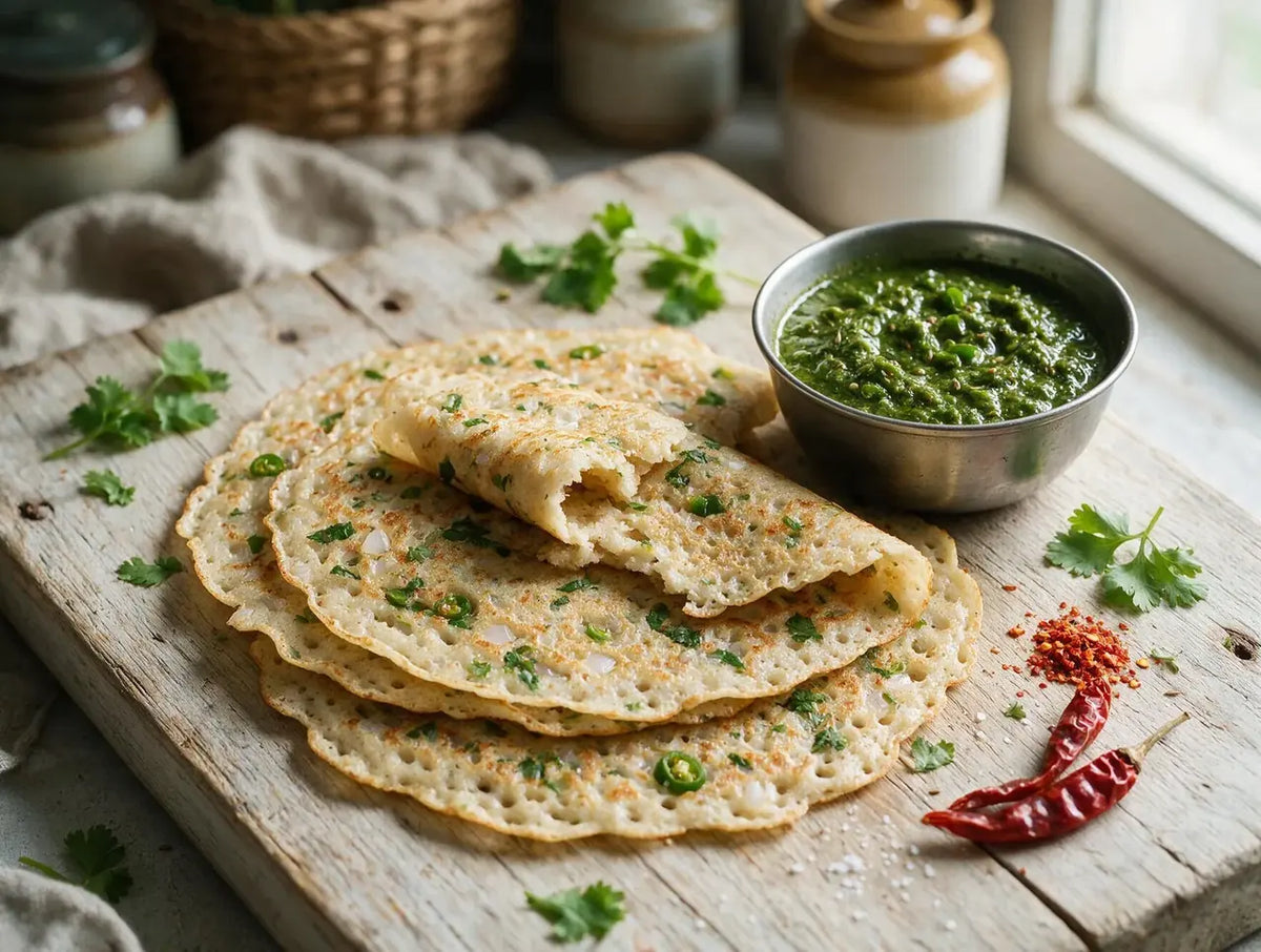 Thin golden jowar chilla with green chilli and coriander flecks on weathered wood