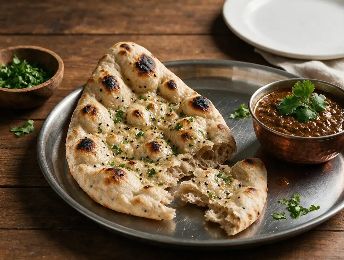 Bubbled jowar naan-style flatbread brushed with garlic butter and coriander
