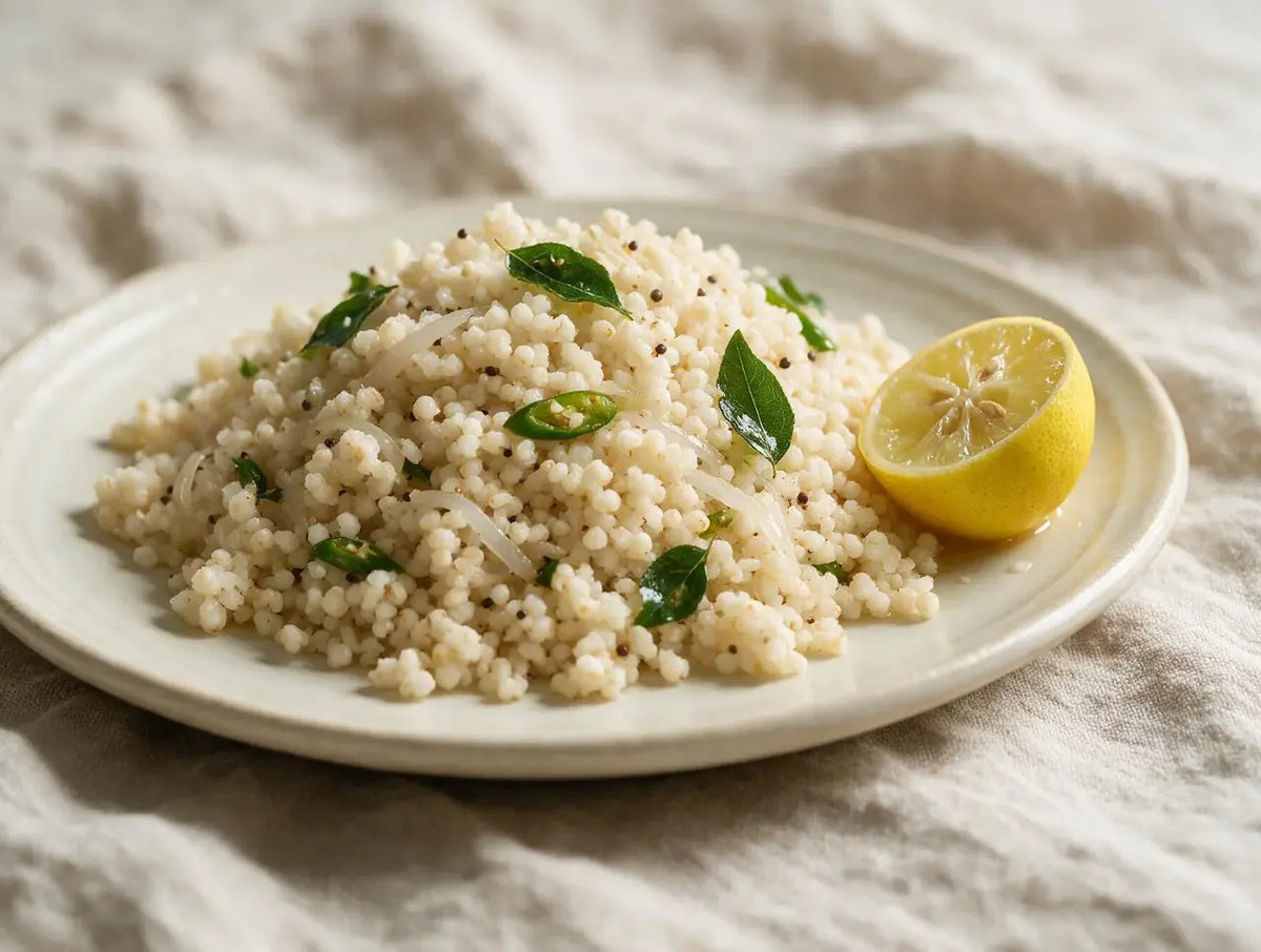 Pale jowar rava upma with curry leaves and lemon wedge on a pale ceramic plate