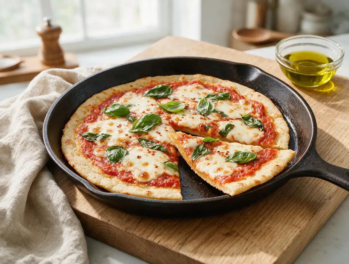 Thin jowar skillet pizza with blistered mozzarella and basil in a cast-iron pan