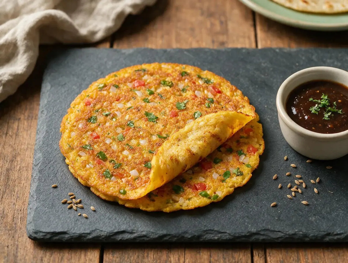 Golden millet and besan chilla with onion and coriander on a dark slate board