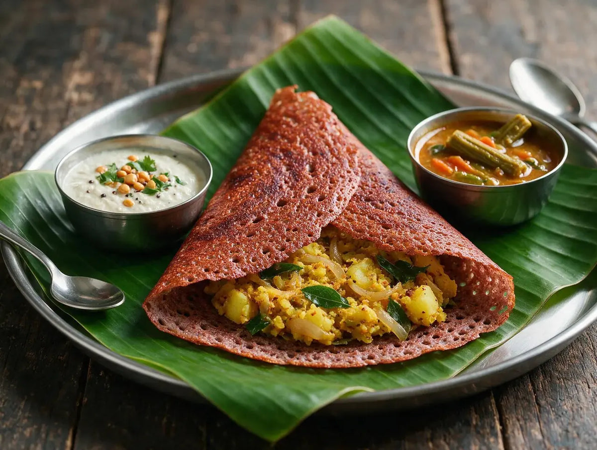 Crisp folded ragi dosa with potato masala, coconut chutney and sambar on a steel plate