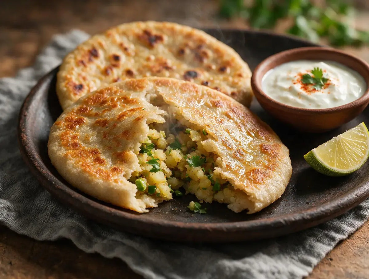 Golden stuffed jowar paratha torn open showing spiced potato and pea filling