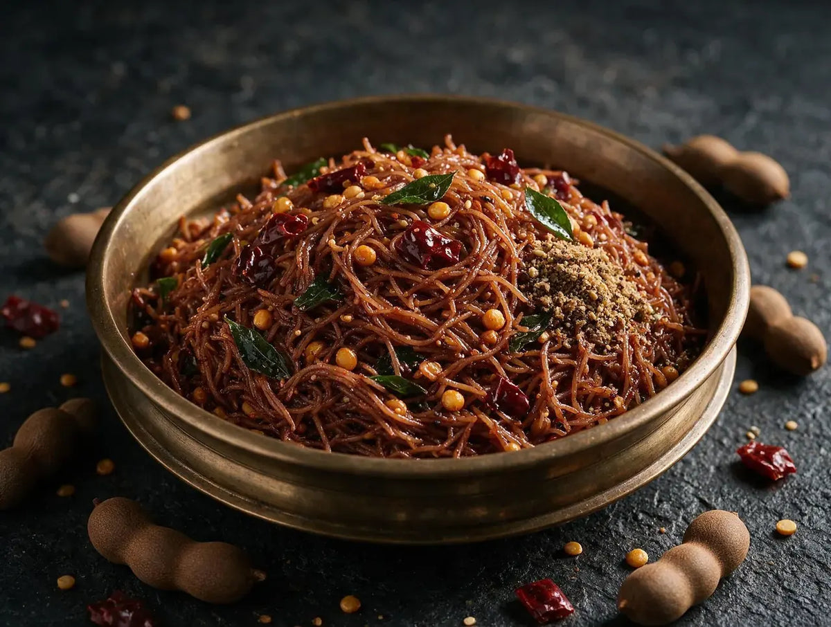 Dark glossy tamarind sevai with dried red chillies and chana dal in a bronze plate