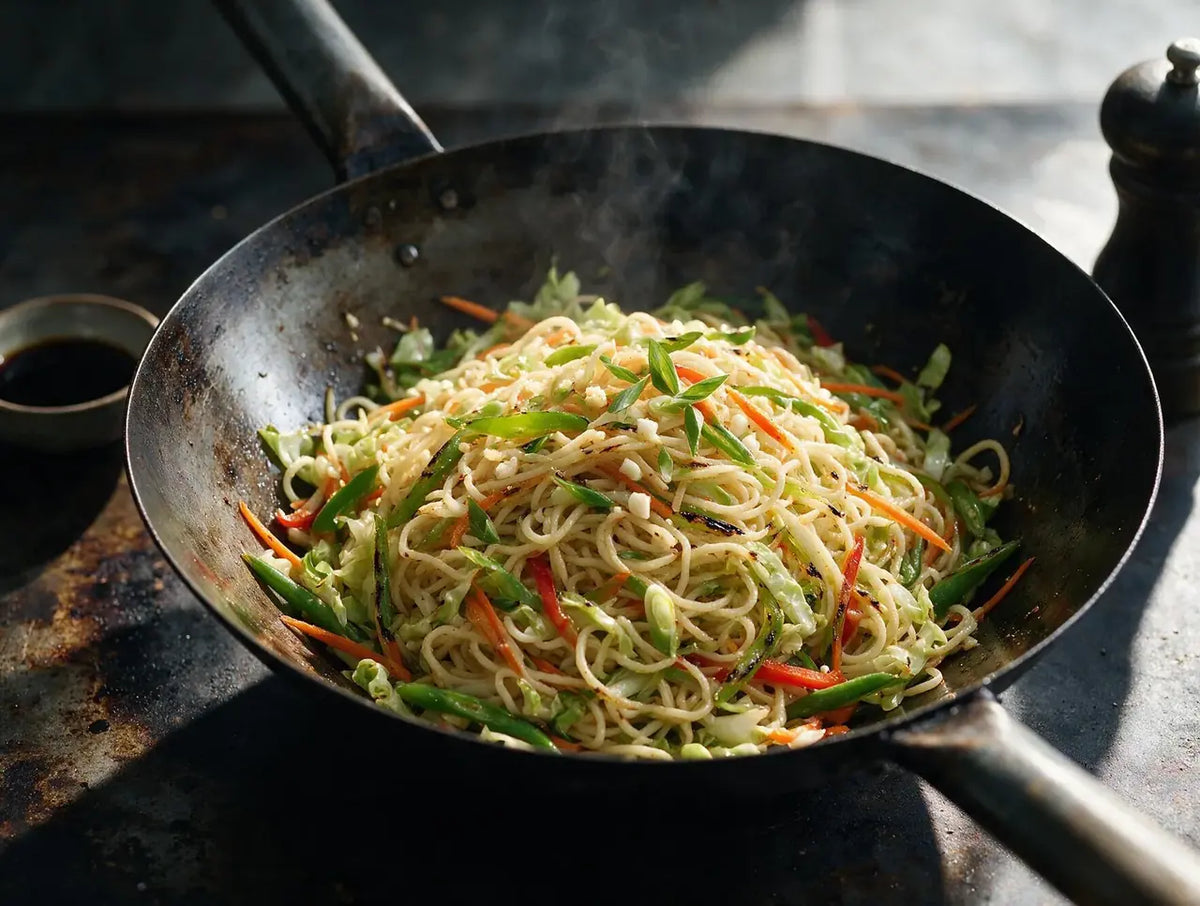 Wok-tossed millet noodles with charred cabbage, carrot julienne, beans and spring onion