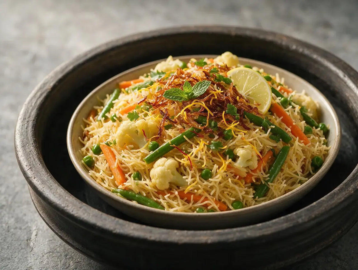 Foxtail millet vermicelli biryani with vegetables, fried onion and mint on top