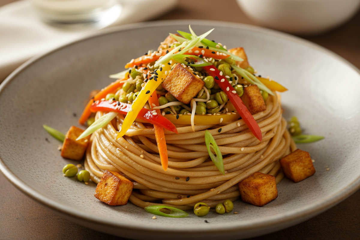 Sprouted barnyard millet noodles plated with paneer and vegetables